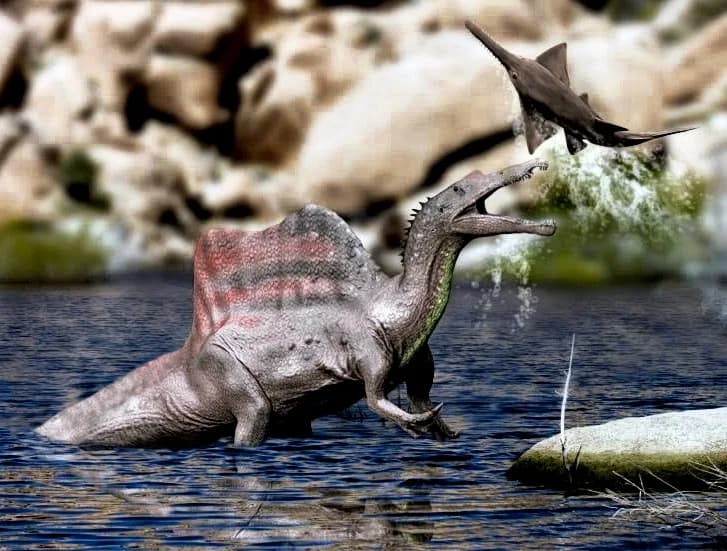 Spinosaurus life restoration with Onchopristis